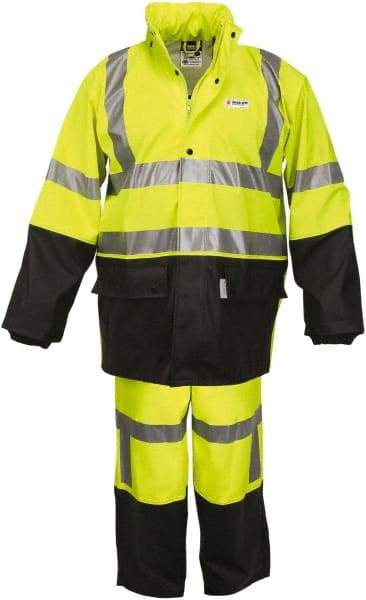 MCR Safety - Size M, Lime & Black, Rain, Flame Resistant/Retardant, Disposable Encapsulated Suit - 53" Chest, Attached Hood, Open Ankle, Elastic Wrist - Exact Industrial Supply