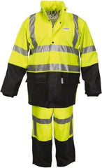 MCR Safety - Size 4XL, Lime & Black, Rain, Flame Resistant/Retardant, Disposable Encapsulated Suit - 60" Chest, Attached Hood, Open Ankle, Elastic Wrist - Exact Industrial Supply