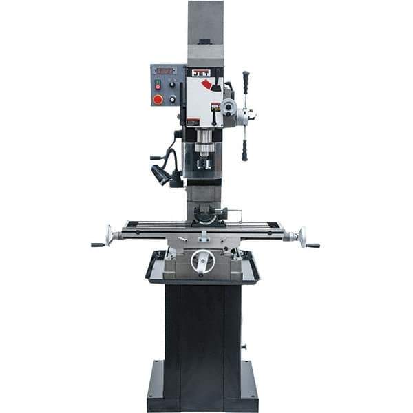 Jet - 3 Phase, 19-11/16" Swing, Geared Head Mill Drill Combination - 32-1/4" Table Length x 9-1/2" Table Width, 20-1/2" Longitudinal Travel, 8-1/4" Cross Travel, Variable Spindle Speeds, 1.5 hp, 230 Volts - Exact Industrial Supply