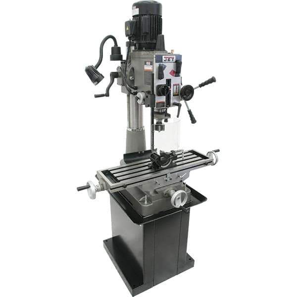 Jet - 1 Phase, 20-1/2" Swing, Geared Head Mill Drill Combination - 32-1/4" Table Length x 9-1/2" Table Width, 20-1/2" Longitudinal Travel, 8-1/4" Cross Travel, 6 Spindle Speeds, 1.5 hp, 115/230 Volts - Exact Industrial Supply