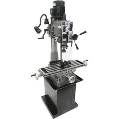 Jet - 1 Phase, 20-1/2" Swing, Geared Head Mill Drill Combination - 32-1/4" Table Length x 9-1/2" Table Width, 20-1/2" Longitudinal Travel, 8-1/4" Cross Travel, 6 Spindle Speeds, 1.5 hp, 115/230 Volts - Exact Industrial Supply