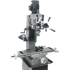 Jet - 3 Phase, 19-11/16" Swing, Geared Head Mill Drill Combination - 32-1/4" Table Length x 9-1/2" Table Width, 20-1/2" Longitudinal Travel, 8-1/4" Cross Travel, Variable Spindle Speeds, 1.5 hp, 230 Volts - Exact Industrial Supply