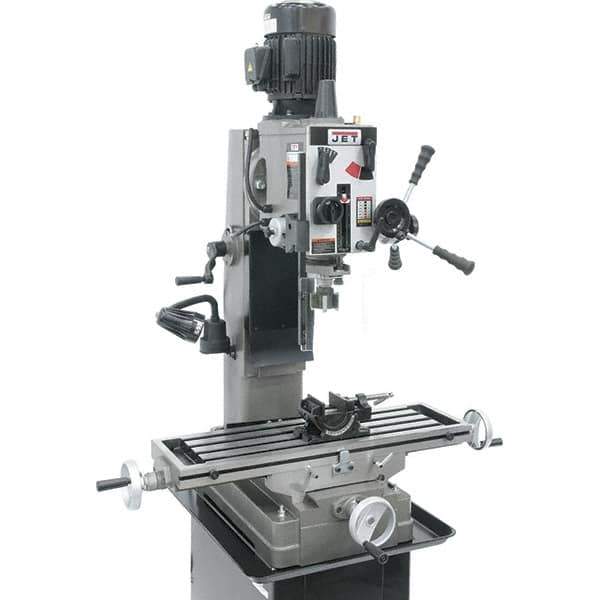 Jet - 1 Phase, 19-11/16" Swing, Geared Head Mill Drill Combination - 32-1/4" Table Length x 9-1/2" Table Width, 20-1/2" Longitudinal Travel, 8-1/4" Cross Travel, 6 Spindle Speeds, 1.5 hp, 115/230 Volts - Exact Industrial Supply