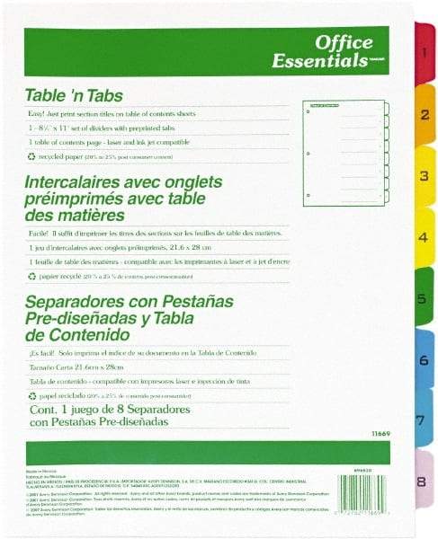 Office Essentials - 11 x 8 1/2" 1 to 8" Label, 8 Tabs, 3-Hole Punched, Preprinted Divider - Multicolor Tabs, White Folder - Exact Industrial Supply