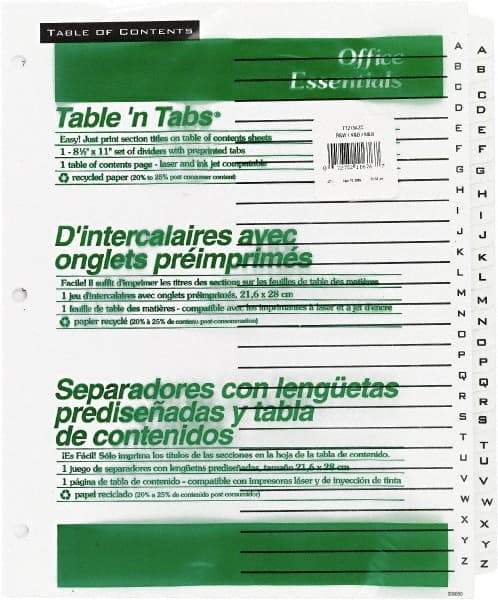 Office Essentials - 11 x 8 1/2" A to Z Label, 26 Tabs, 3-Hole Punched, Preprinted Divider - White - Exact Industrial Supply
