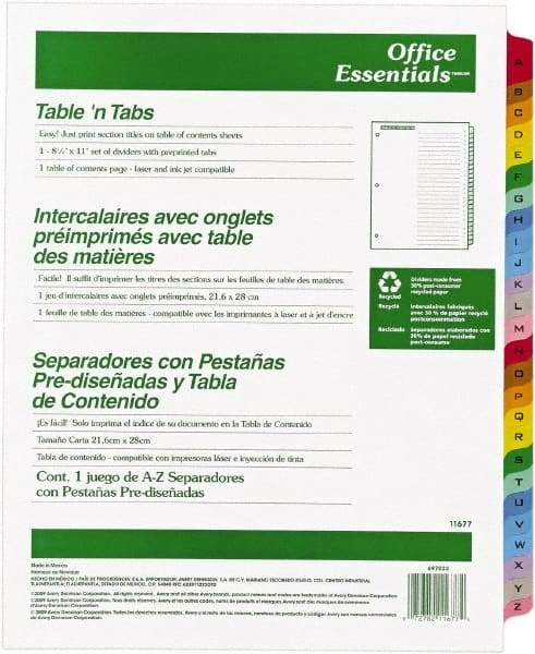 Office Essentials - 11 x 8 1/2" A to Z Label, 26 Tabs, 3-Hole Punched, Preprinted Divider - Multicolor Tabs, White Folder - Exact Industrial Supply