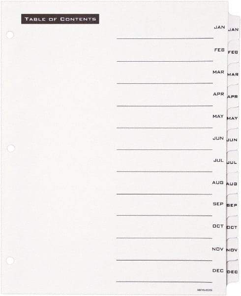 Office Essentials - 11 x 8 1/2" Jan to Dec Label, 12 Tabs, 3-Hole Punched, Preprinted Divider - White - Exact Industrial Supply