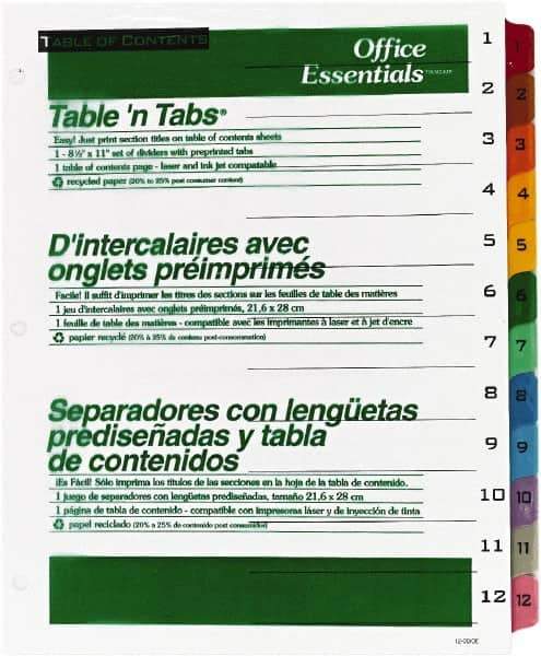 Office Essentials - 11 x 8 1/2" 1 to 12" Label, 12 Tabs, 3-Hole Punched, Preprinted Divider - Multicolor Tabs, White Folder - Exact Industrial Supply