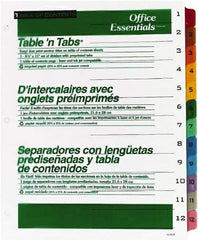 Office Essentials - 11 x 8 1/2" 1 to 12" Label, 12 Tabs, 3-Hole Punched, Preprinted Divider - Multicolor Tabs, White Folder - Exact Industrial Supply