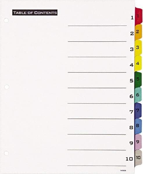 Office Essentials - 11 x 8 1/2" 1 to 10" Label, 10 Tabs, 3-Hole Punched, Preprinted Divider - Multicolor Tabs, White Folder - Exact Industrial Supply