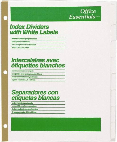 Office Essentials - 11 x 8 1/2" 1 to 8" Label, 8 Tabs, 3-Hole Punched, Customizable Divider - White - Exact Industrial Supply