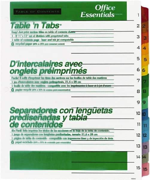 Office Essentials - 11 x 8 1/2" 1 to 15" Label, 15 Tabs, 3-Hole Punched, Preprinted Divider - Multicolor Tabs, White Folder - Exact Industrial Supply