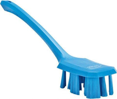 Vikan - 2-3/4" Bristle Length, Polyester Scrub Brush - 12" Long x 2-7/8" Wide Head, 15-1/2" OAL, Long Handle, Blue, Polypropylene Block - Exact Industrial Supply