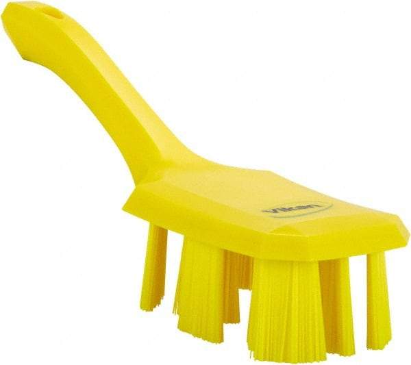 Vikan - 2-3/4" Bristle Length, Polyester Scrub Brush - 8" Long x 2-7/8" Wide Head, 10" OAL, Short Handle, Yellow, Polypropylene Block - Exact Industrial Supply