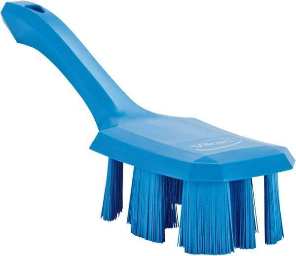 Vikan - 2-3/4" Bristle Length, Polyester Scrub Brush - 8" Long x 2-7/8" Wide Head, 10" OAL, Short Handle, Blue, Polypropylene Block - Exact Industrial Supply