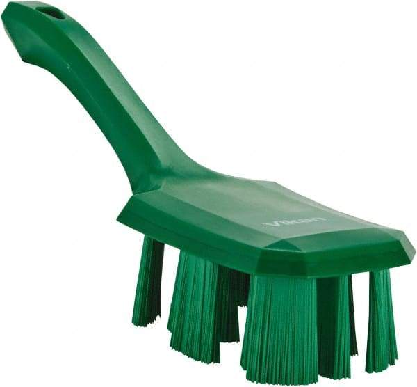 Vikan - 2-3/4" Bristle Length, Polyester Scrub Brush - 8" Long x 2-7/8" Wide Head, 10" OAL, Short Handle, Green, Polypropylene Block - Exact Industrial Supply