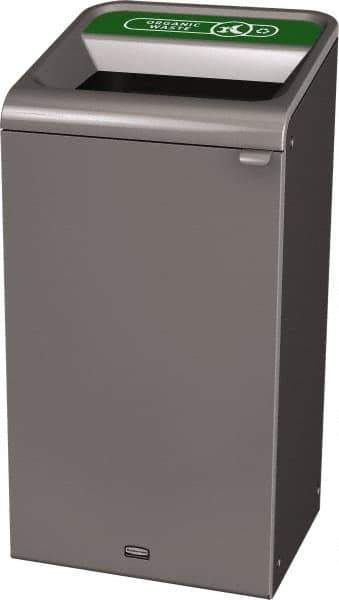 Rubbermaid - 23 Gal Gray Rectangle Decorative Indoor Single Stream Waste Receptacle - Metal, Organic Waste Graphic, 37.965" High x 19.588" Long x 19-1/2" Wide, Lid Included - Exact Industrial Supply