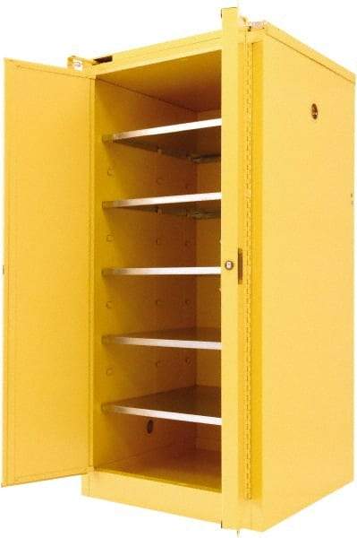 Securall Cabinets - 2 Door, 5 Shelf, Yellow Steel Standard Safety Cabinet for Flammable and Combustible Liquids - 67" High x 31" Wide x 31" Deep, Self Closing Door, 3 Point Key Lock, 120 Gal Capacity - Exact Industrial Supply