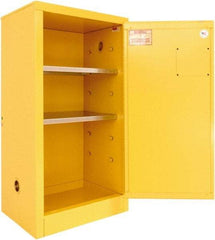 Securall Cabinets - 1 Door, 2 Shelf, Yellow Steel Standard Safety Cabinet for Flammable and Combustible Liquids - 44" High x 24" Wide x 18" Deep, Manual Closing Door, 3 Point Key Lock, 20 Gal Capacity - Exact Industrial Supply