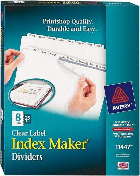 AVERY - 11 x 8-1/2" 8 Tabs, Three Hole Clear Plastic Reinforced Binder Holes, Tab Divider - Clear Tabs, White Folder - Exact Industrial Supply