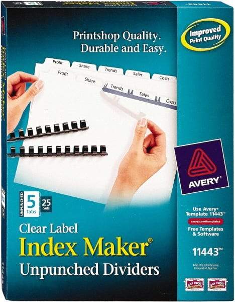 AVERY - 11 x 8-1/2" 5 Tabs, Unpunched Clear Plastic Reinforced, Tab Divider - Clear Tabs, White Folder - Exact Industrial Supply