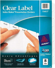 AVERY - 11 x 8-1/2" 8 Tabs, Three Hole Clear Plastic Reinforced Binder Holes, Tab Divider - Clear Tabs, White Folder - Exact Industrial Supply
