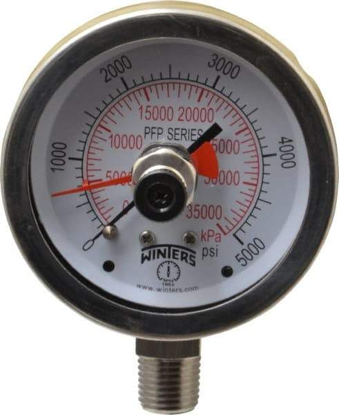 Winters - 2-1/2" Dial, 1/4 Thread, 0-5,000 Scale Range, Pressure Gauge - Lower Connection Mount, Accurate to 1% of Scale - Exact Industrial Supply