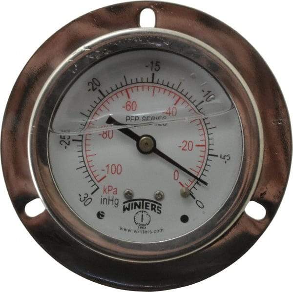 Winters - 2-1/2" Dial, 1/4 Thread, 30 Scale Range, Pressure Gauge - Front Flange Panel Mount, Center Back Connection Mount, Accurate to 1.6% of Scale - Exact Industrial Supply