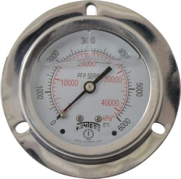 Winters - 2-1/2" Dial, 1/4 Thread, 0-6,000 Scale Range, Pressure Gauge - Front Flange Panel Mount, Center Back Connection Mount, Accurate to 1.6% of Scale - Exact Industrial Supply