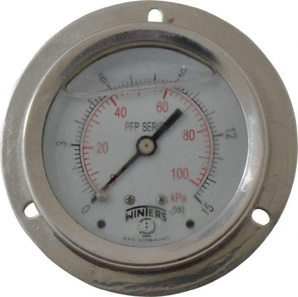 Winters - 2-1/2" Dial, 1/4 Thread, 0-15 Scale Range, Pressure Gauge - Front Flange Panel Mount, Center Back Connection Mount, Accurate to 1.6% of Scale - Exact Industrial Supply