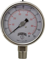 Winters - 4" Dial, 1/2 Thread, 0-100 Scale Range, Pressure Gauge - Lower Connection Mount, Accurate to 1% of Scale - Exact Industrial Supply