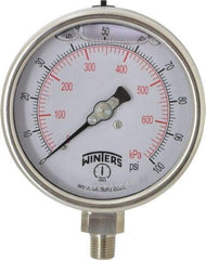 Winters - 4" Dial, 1/4 Thread, 0-100 Scale Range, Pressure Gauge - Lower Connection Mount, Accurate to 1% of Scale - Exact Industrial Supply