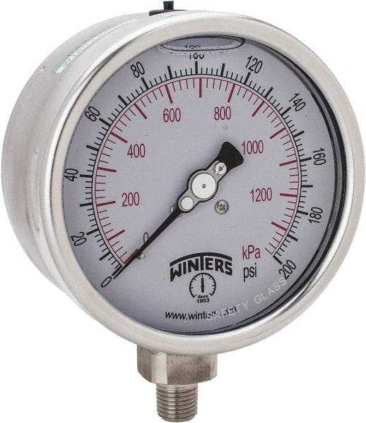 Winters - 4" Dial, 1/4 Thread, 0-200 Scale Range, Pressure Gauge - Lower Connection Mount, Accurate to 1% of Scale - Exact Industrial Supply