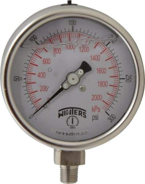 Winters - 4" Dial, 1/4 Thread, 0-300 Scale Range, Pressure Gauge - Lower Connection Mount, Accurate to 1% of Scale - Exact Industrial Supply