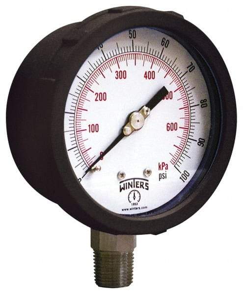 Winters - 4" Dial, 1/4 Thread, 0-160 Scale Range, Pressure Gauge - Lower Connection Mount, Accurate to 1% of Scale - Exact Industrial Supply