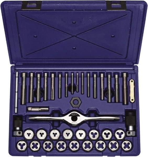 Irwin - #4-40 to 1/2-20 Tap, #4-40 to 1/2-20 Die, Tap and Die Set - Bright Finish Carbon Steel, Carbon Steel Taps, Nonadjustable, 40 Piece Set - Exact Industrial Supply