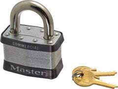 Master Lock - 1" Shackle Clearance, Keyed Different Padlock - 15/16" Shackle Width, 3/8" Shackle Diam, Laminated Steel - Exact Industrial Supply