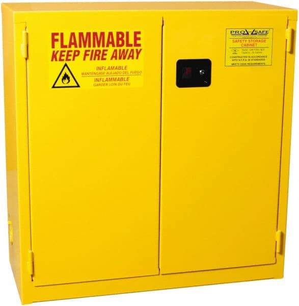 PRO-SAFE - 2 Door, 1 Shelf, Yellow Steel Standard Safety Cabinet for Flammable and Combustible Liquids - 44" High x 43" Wide x 18" Deep, Self Closing Door, 3 Point Key Lock, 30 Gal Capacity - Exact Industrial Supply