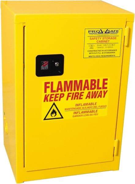 PRO-SAFE - 1 Door, 1 Shelf, Yellow Steel Space Saver Safety Cabinet for Flammable and Combustible Liquids - 35" High x 23" Wide x 18" Deep, Self Closing Door, 3 Point Key Lock, 12 Gal Capacity - Exact Industrial Supply