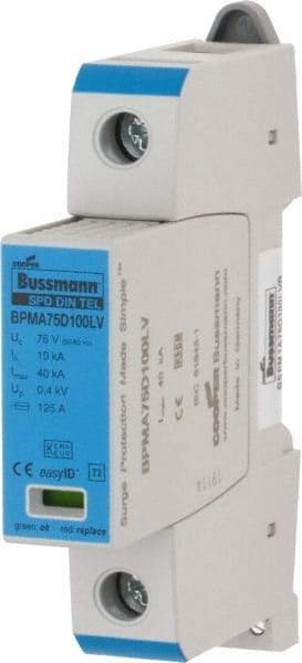 Cooper Bussmann - 1 Pole, 1 Phase, 10 kA Nominal Current, 90mm Long x 18mm Wide x 65mm Deep, Thermoplastic Hardwired Surge Protector - DIN Rail Mount, 100 VDC, 75 VAC, 100 VDC, 75 VAC Operating Voltage, 40 kA Surge Protection - Exact Industrial Supply