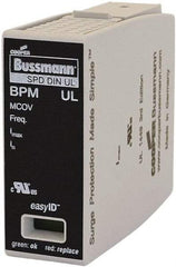 Cooper Bussmann - 1 Pole, 1 Phase, 20 kA Nominal Current, 90mm Long x 18mm Wide x 65mm Deep, Thermoplastic Hardwired Surge Protector - DIN Rail Mount, 125 kA Short Circuit Current, 347 VAC, 600 VAC Operating Voltage, 40 kA Surge Protection - Exact Industrial Supply