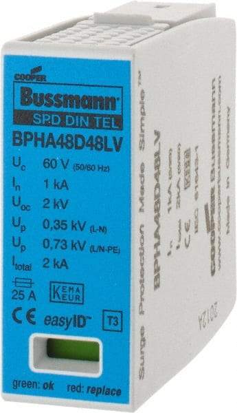 Cooper Bussmann - 2 Pole, 1 Phase, 1 kA Nominal Current, 90mm Long x 18mm Wide x 66mm Deep, Thermoplastic Hardwired Surge Protector - DIN Rail Mount, 48 VAC/VDC, 60 VAC/VDC Operating Voltage, 60 kA Surge Protection - Exact Industrial Supply