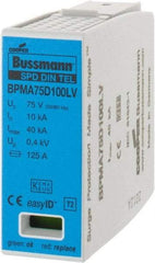 Cooper Bussmann - 1 Pole, 1 Phase, 10 kA Nominal Current, 90mm Long x 18mm Wide x 65mm Deep, Thermoplastic Hardwired Surge Protector - DIN Rail Mount, 100 VDC, 75 VAC, 100 VDC, 75 VAC Operating Voltage, 40 kA Surge Protection - Exact Industrial Supply