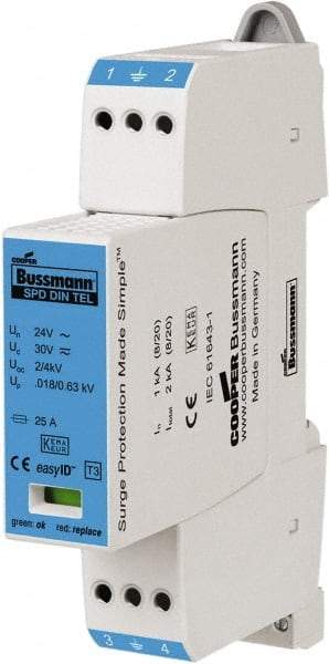 Cooper Bussmann - 2 Pole, 1 Phase, 1 kA Nominal Current, 90mm Long x 18mm Wide x 66mm Deep, Thermoplastic Hardwired Surge Protector - DIN Rail Mount, 48 VAC/VDC, 60 VAC/VDC Operating Voltage, 2 kA Surge Protection - Exact Industrial Supply