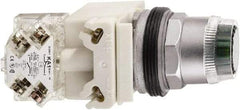Schneider Electric - 1.22 Inch Mount Hole, Flush, Pushbutton Switch with Contact Block - Round, White Pushbutton, Illuminated, Momentary (MO), Dusttight, Oiltight, Watertight and Shock and Vibration Resistant - Exact Industrial Supply