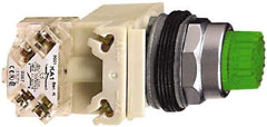 Schneider Electric - 1.22 Inch Mount Hole, Flush, Pushbutton Switch with Contact Block and Transformer - Round, Green Pushbutton, Illuminated, Momentary (MO), Dusttight, Oiltight, Watertight and Shock and Vibration Resistant - Exact Industrial Supply