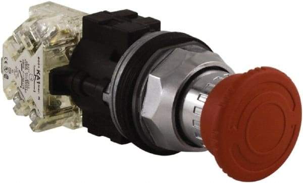 Square D - 1.18 Inch Mount Hole, Extended Mushroom Head, Pushbutton Switch Only - Round, Red Pushbutton, Nonilluminated, Shock and Vibration Resistant, Maintainted (MA) - Exact Industrial Supply