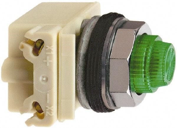Square D - 24-28 VAC/VDC Green Lens LED Indicating Light - Round Lens, Screw Clamp Connector, 70mm OAL x 54mm Wide, Shock Resistant, Vibration Resistant - Exact Industrial Supply