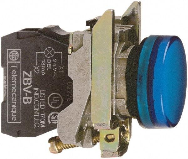 Square D - 110-120 VAC Blue Lens LED Indicating Light - Round Lens, Screw Clamp Connector, 46.5mm OAL x 30mm Wide, Shock Resistant, Vibration Resistant - Exact Industrial Supply