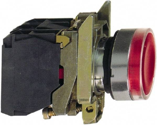 Schneider Electric - 22mm Mount Hole, Flush, Pushbutton Switch with Contact Block - Round, Red Pushbutton, Illuminated, Momentary (MO) - Exact Industrial Supply